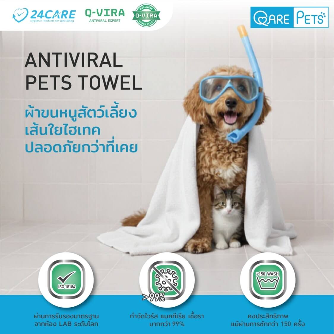 QARE-PETs ผ้าขนหนูสัตว์เลี้ยง - ขนาดเล็ก (S) แพ็คคู่ สีเบจและสีเทา